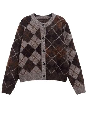 KEOMUD Brown Retro Argyle Button Front Sweater Cardigan Large